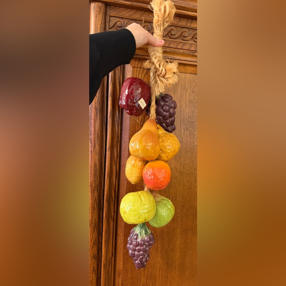 Vintage Ceramic Fruit on Braided Jute Rope~28" Long Each fruit is approx 4.5” W